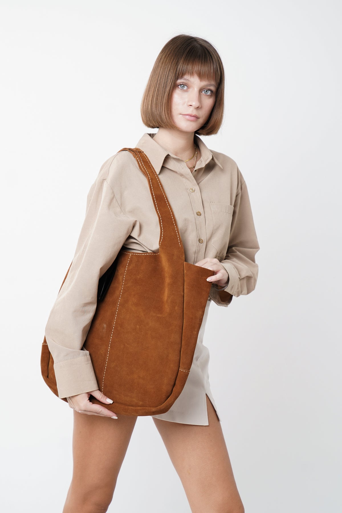 Hakiki Deri Kadın Süet Omuz Çantası - 23017